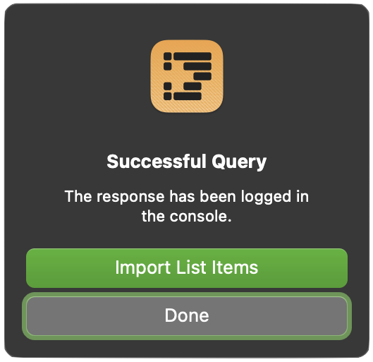 The success alert with an option to import items
