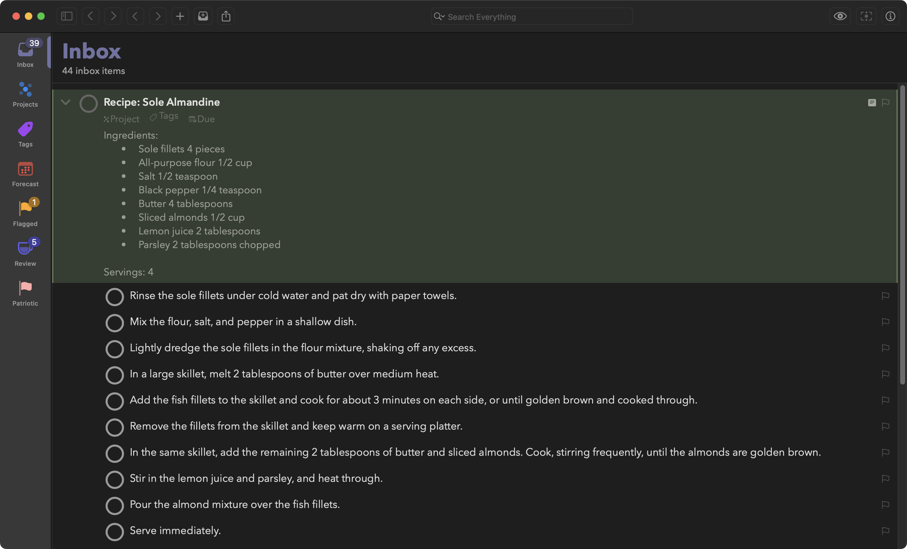 An OmniFocus inbox task that is a recipe for Sole Almandine