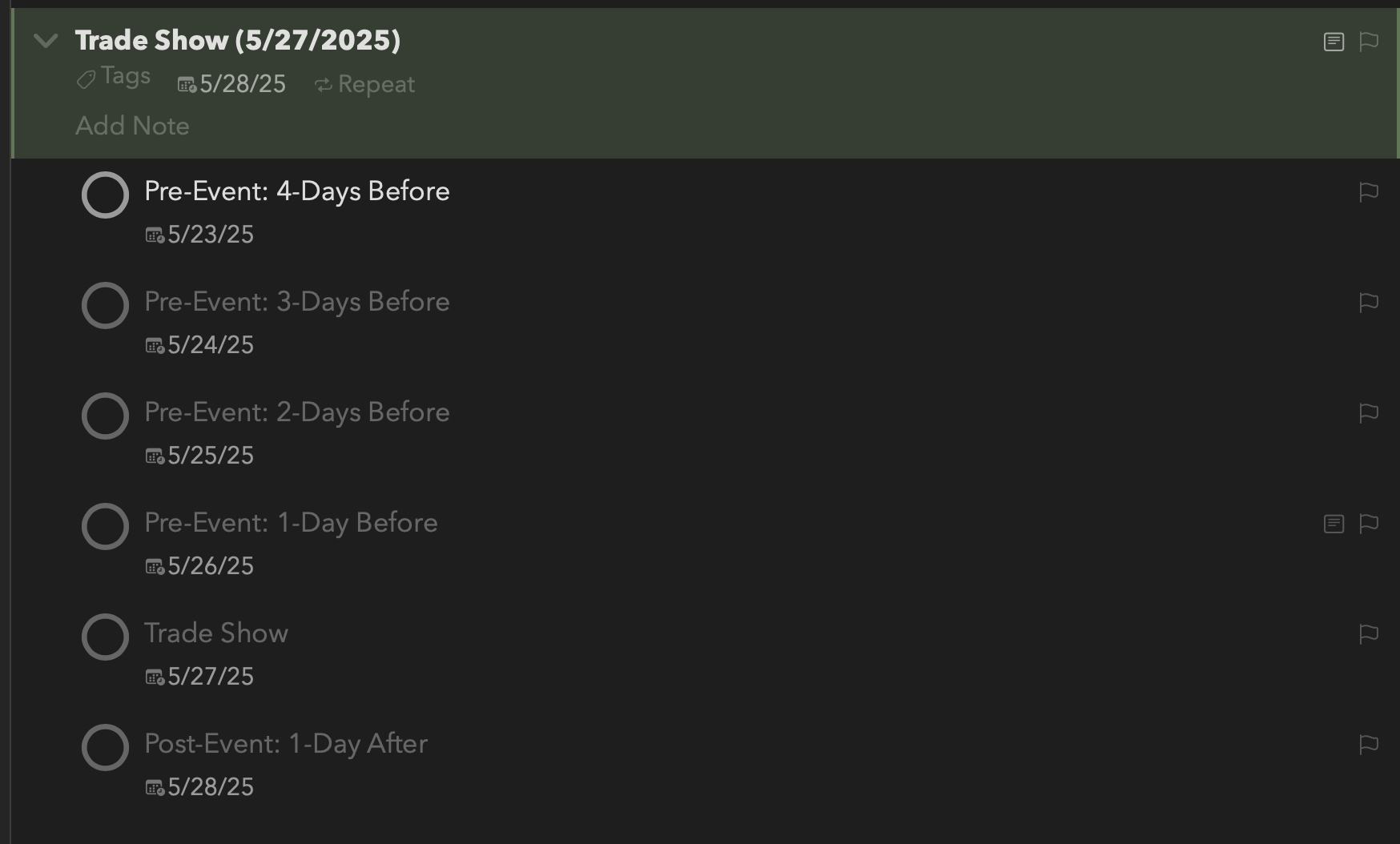 The Event project with tasks before and after the event