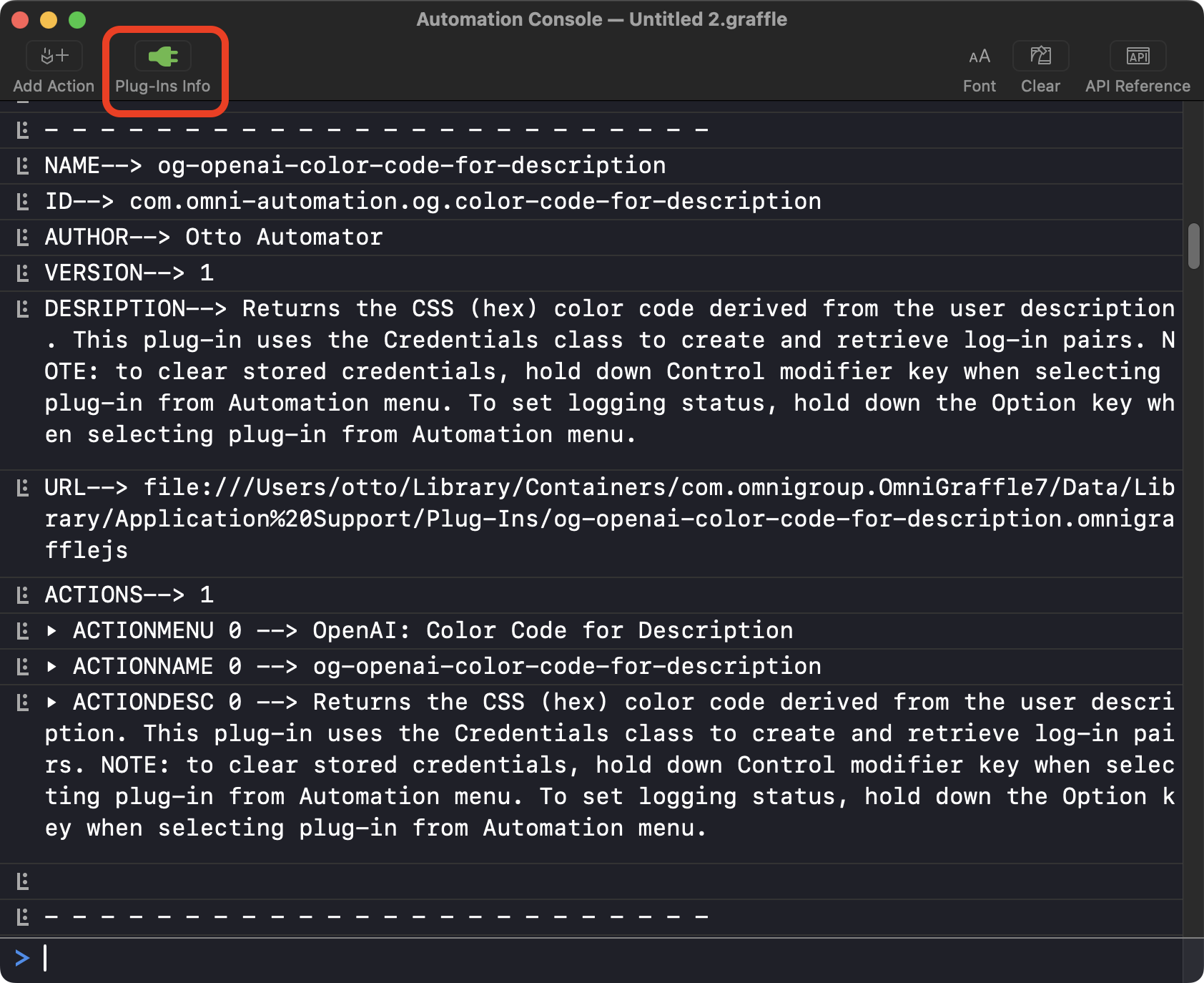 The app console window showing the results of the Plug-Ins Info plug-in.