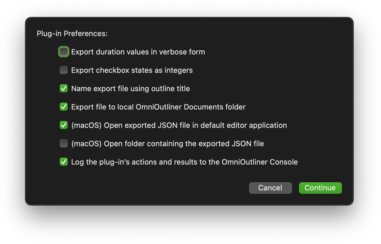 JSON Export Plug-in Preferences Dialog