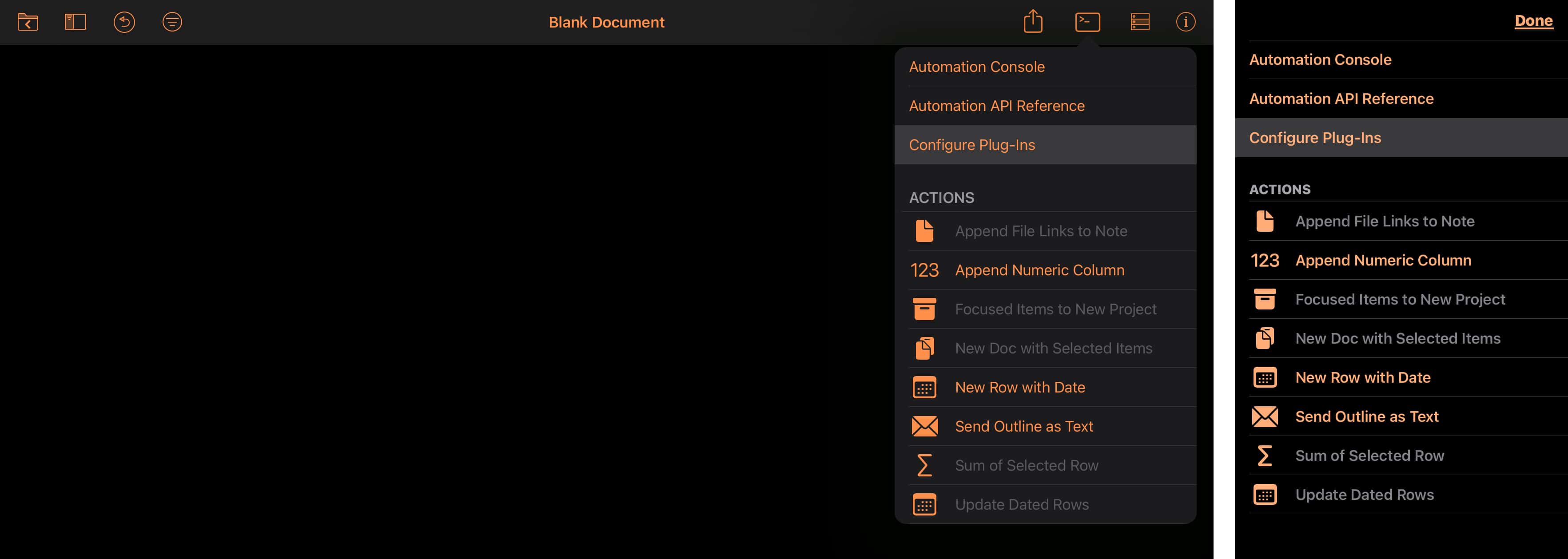 OmniOutliner Automation Menu on iPadOS and iOS