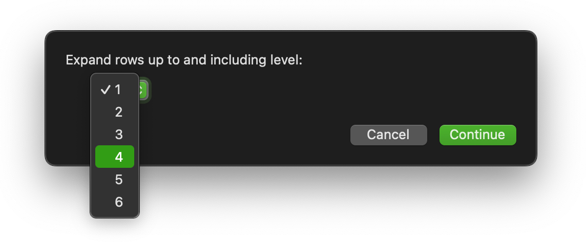 expand rows to level dialog