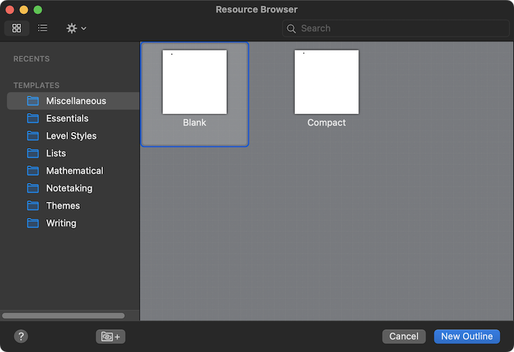 The OmniOutliner template picker