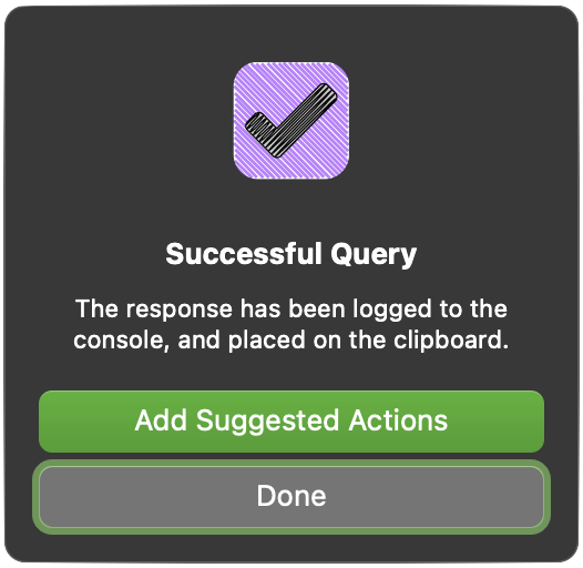 The success alert dialog with option to insert actions into selected project