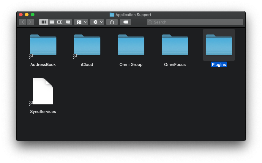 The Omni application’s Application Support folder with the defautl plug-ins folder selected
