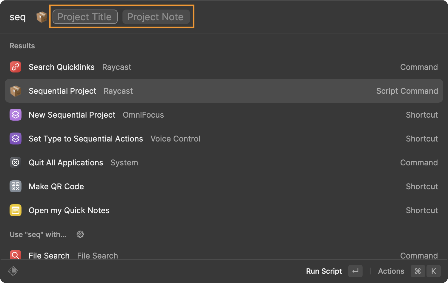 The Raycast input window displaying two data input tokens: project title and project note