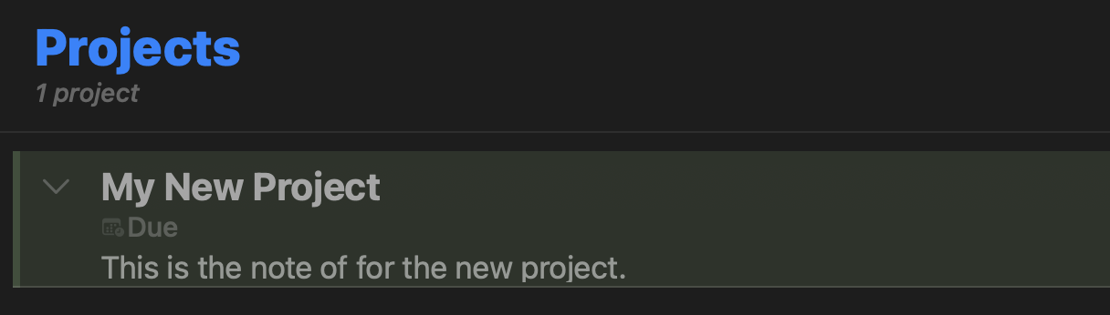 The created project selected in OmniFocus