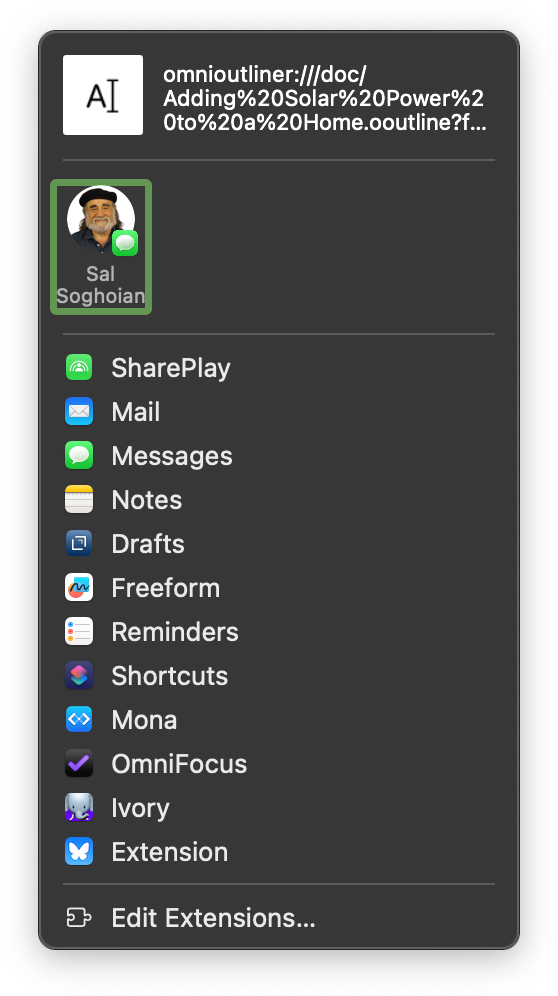 An Omni Link being shared via the system Share Panel