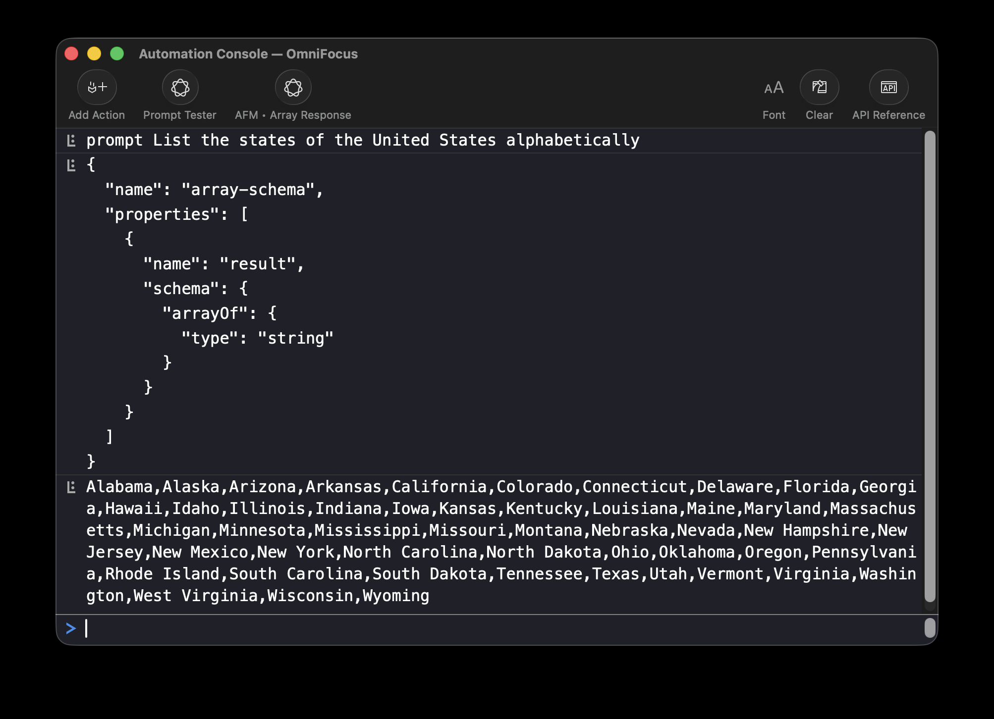 Automation Console window showing the result