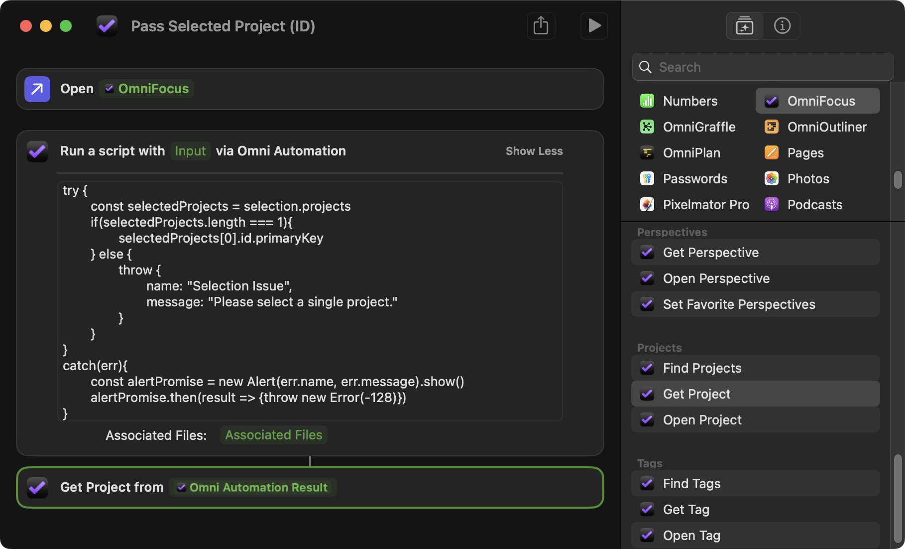 Shortcuts workflow showing the passing of the ID of the selected OmniFocus project