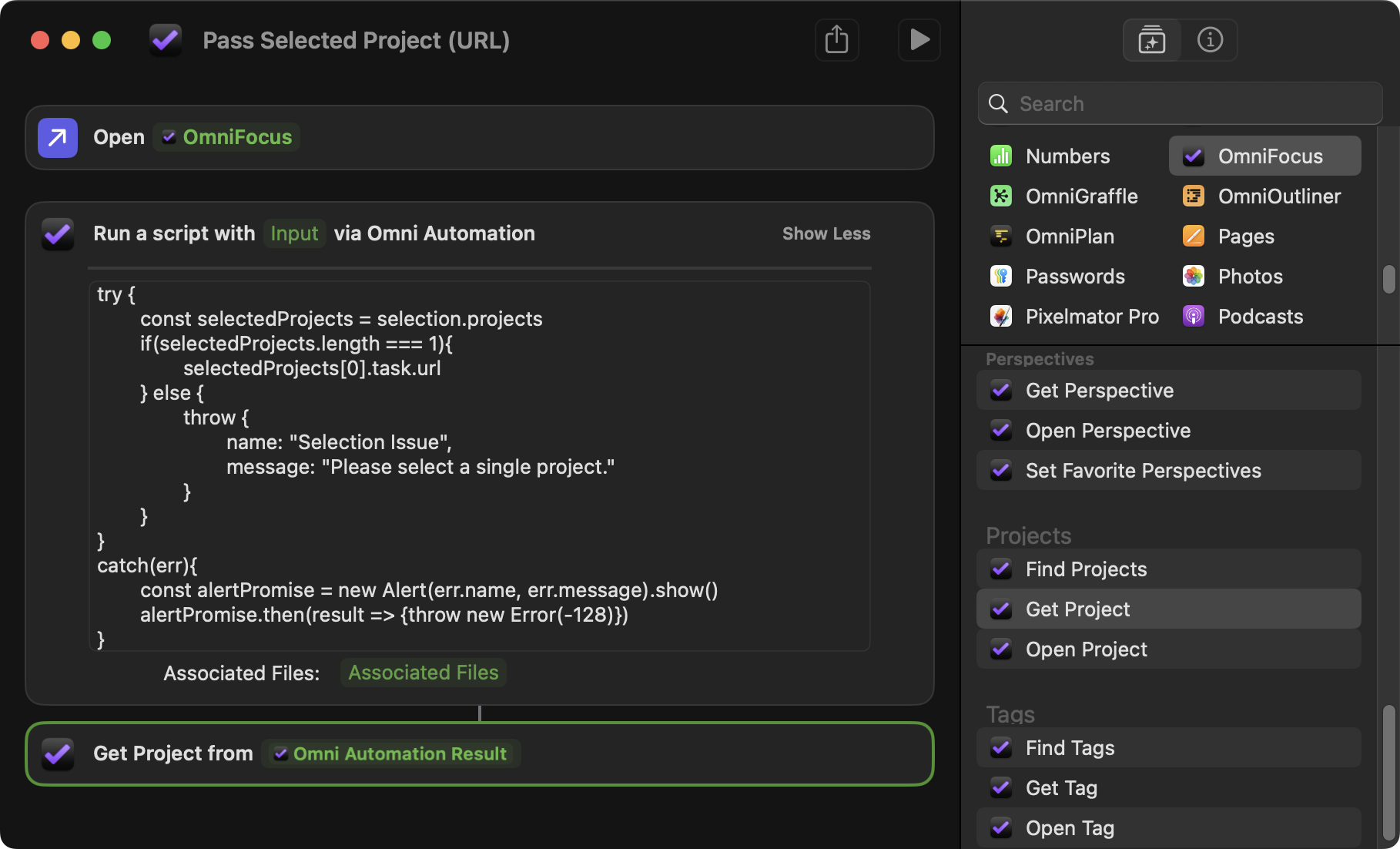 Shortcuts workflow showing the passing of the URL of the selected OmniFocus project