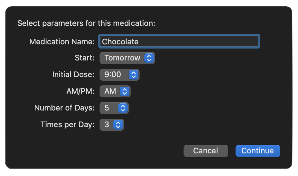 The form interface of the Schedule Medication Omni Automation plug-in