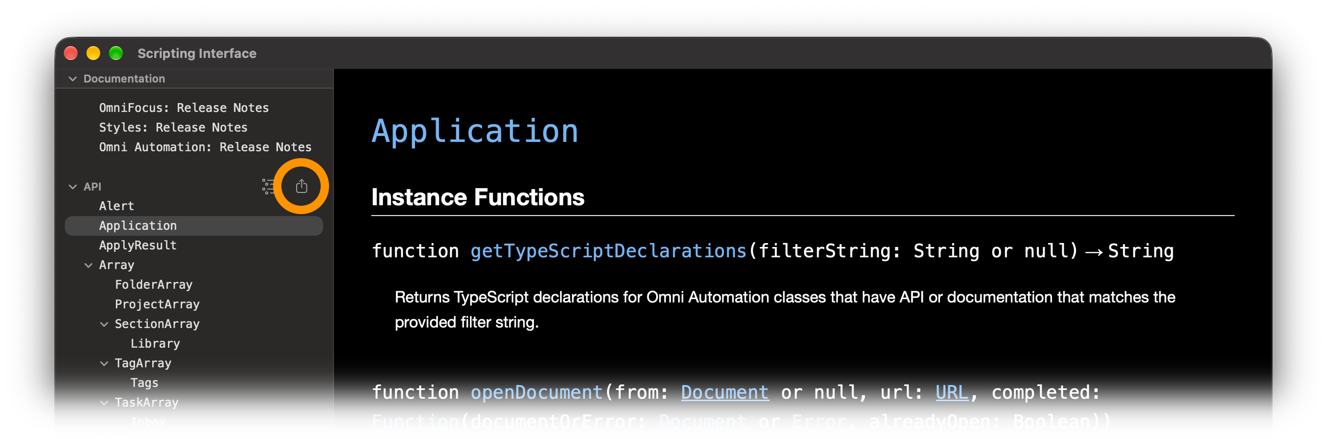 The API dialog