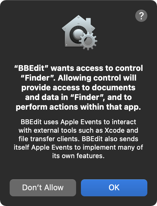 A security dialog for approving BBEdit to script the Finder