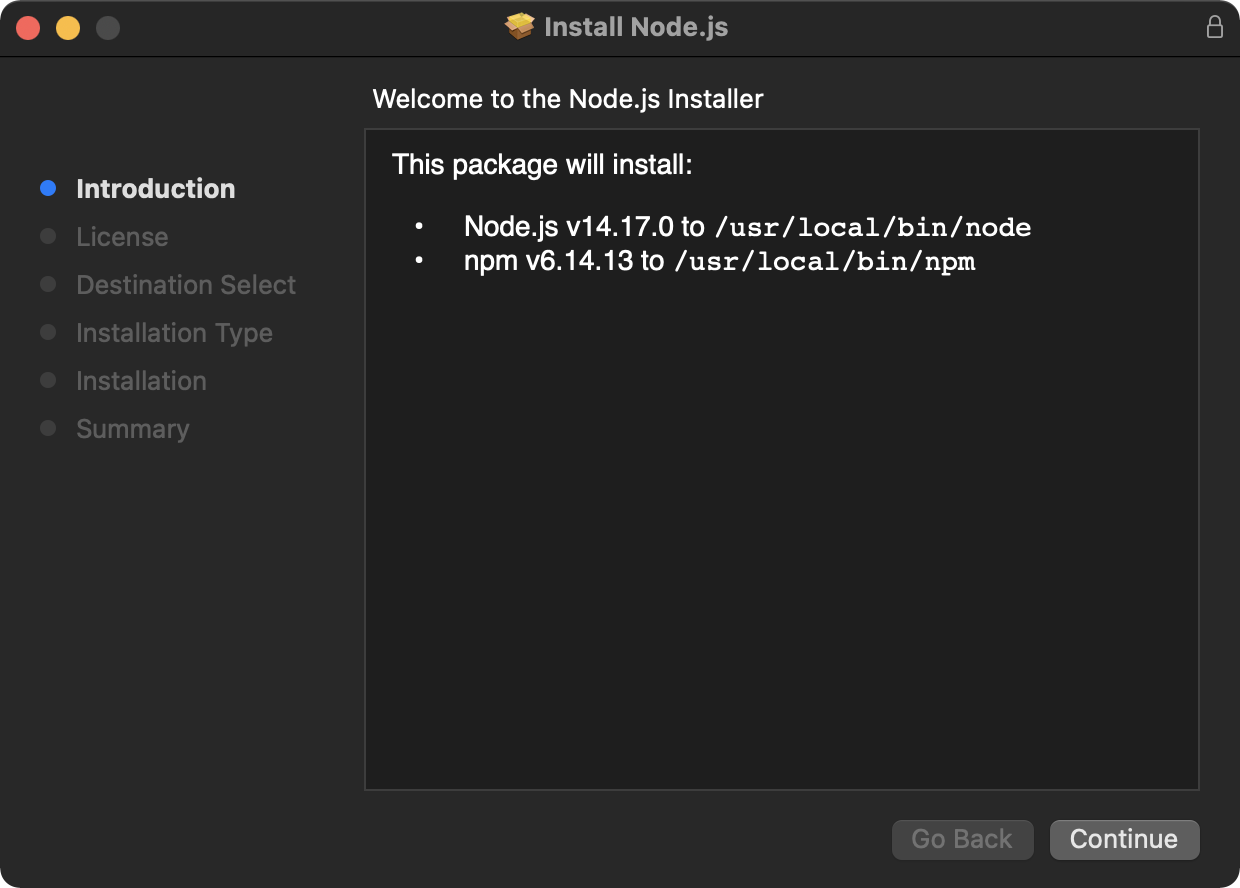 The opening screen of ther Node.js installer