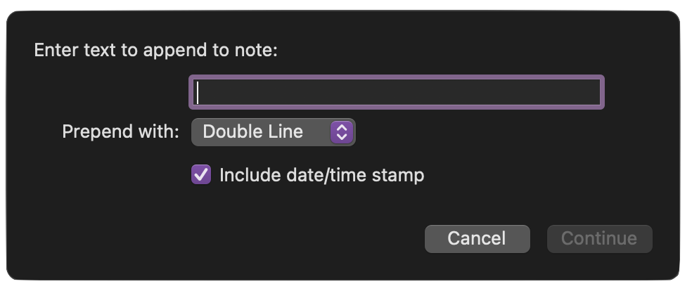 The Append to Note Text dialog