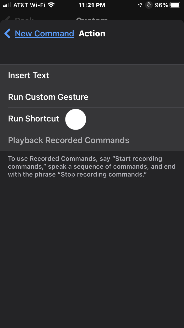Step 10: In the forthcoming view, choose the type of action to perform by tapping the “Run Shortcut” menu item.