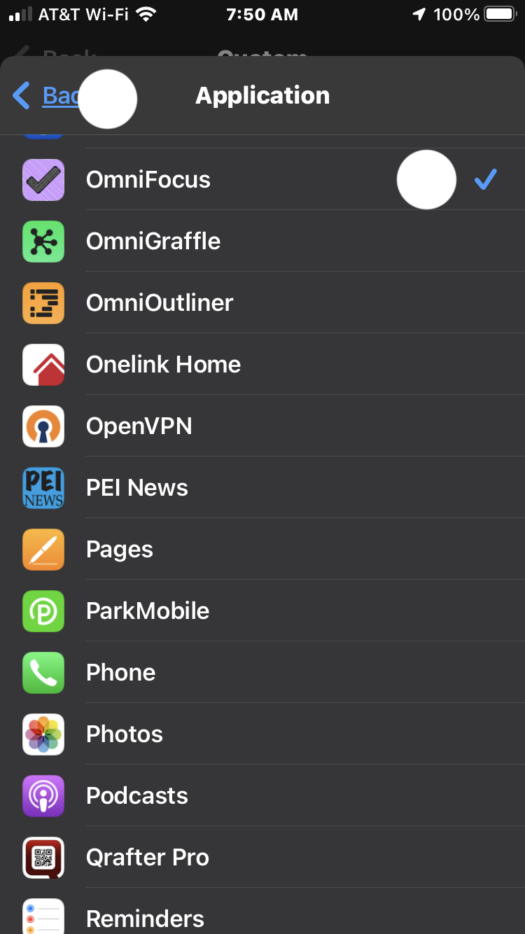 Step 14: From the scrolling alphabetical list, select the application that is the target of the shortcut. Then, tap the “Back” button.