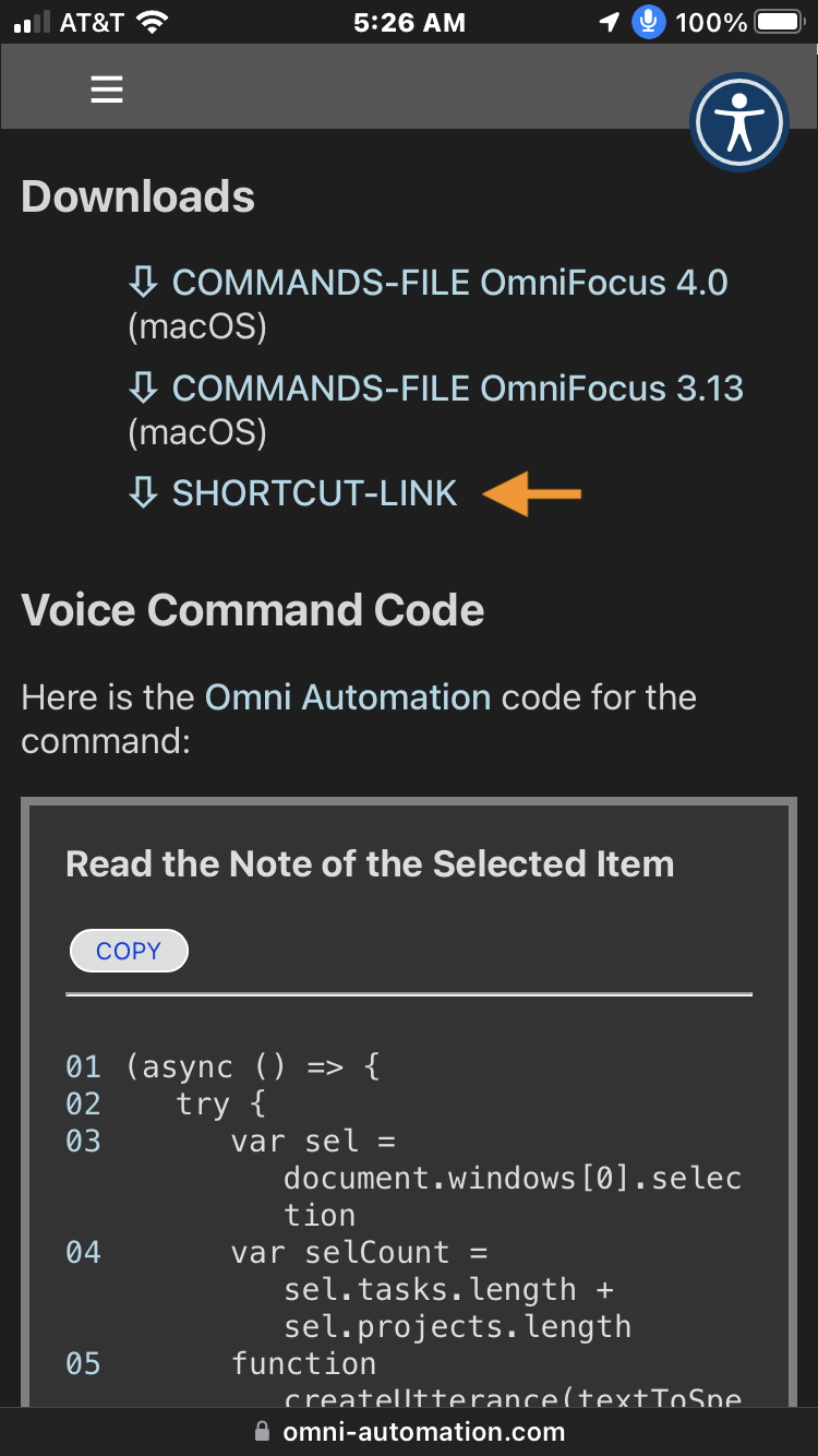 Step 1: Select the shortcut link on the webpage containing the voice command you wish to install.