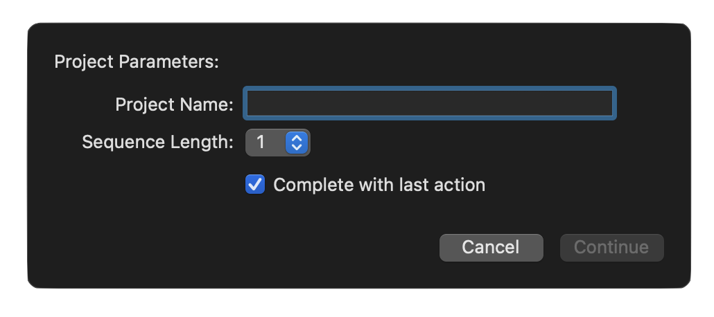 macOS form dialog for setting project parameters