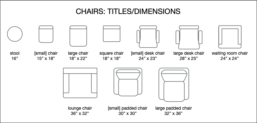 Various types of chairs with titles and dimensions