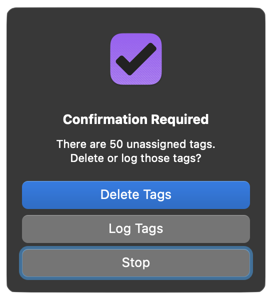 Tag Deletion prompt dialog on macOS